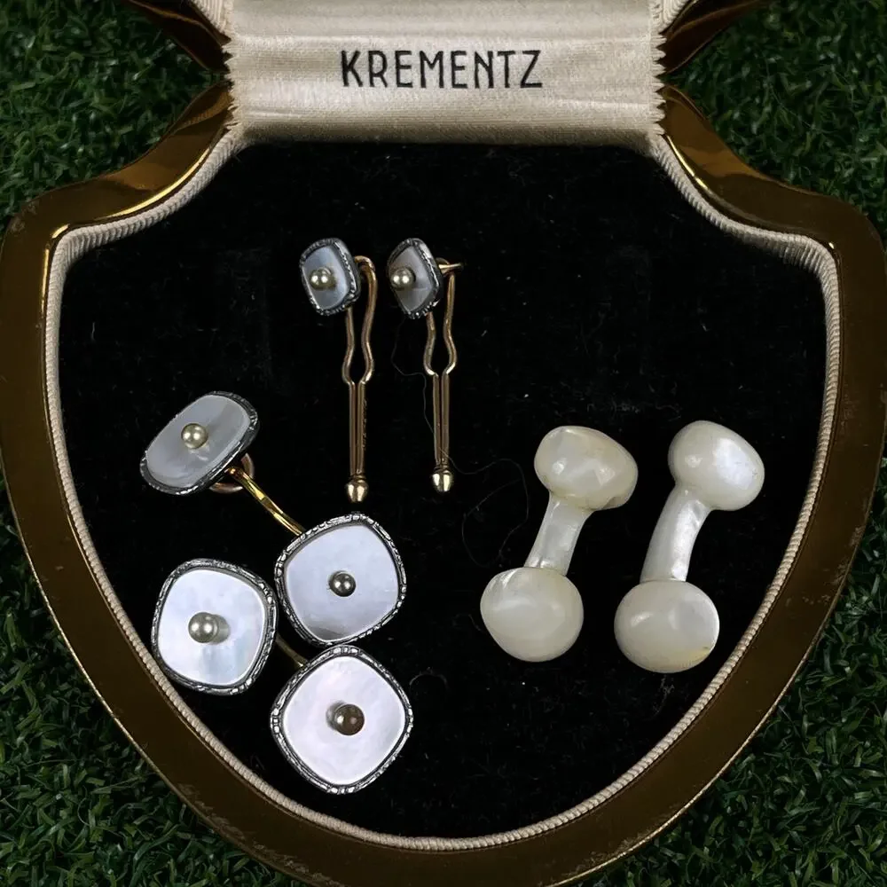 Vintage Krementz Gold Tone Mother-of-Pearl Cufflinks Tuxedo Stud Set Mirror Box